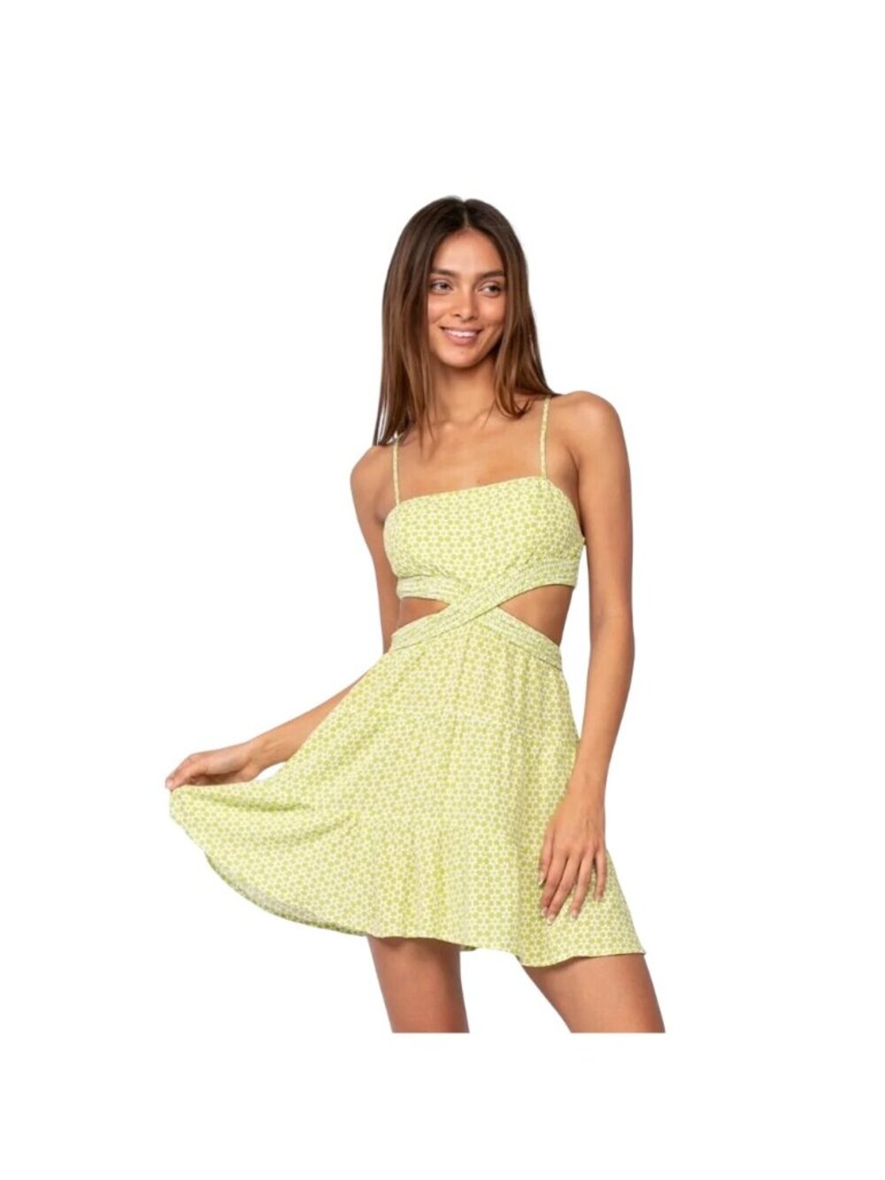 Sky To Moon Mini Dress Small Floral Cutout Sleeveless Lime Green Hippie Bohemian
